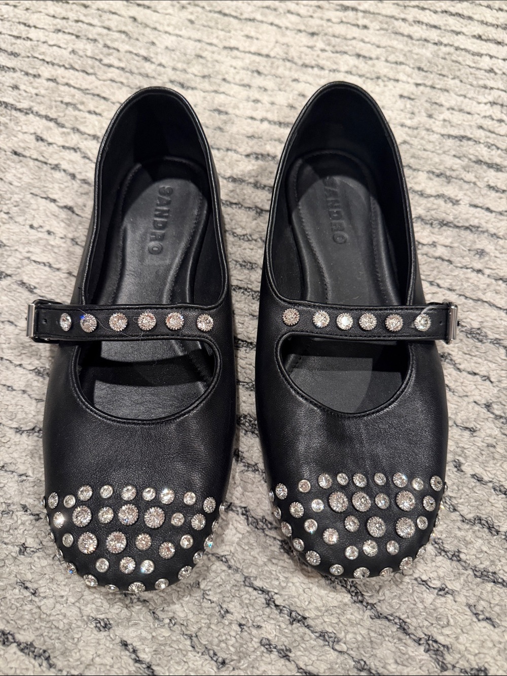 Sandro Black Leather Crystal-Embellished Mary Janes